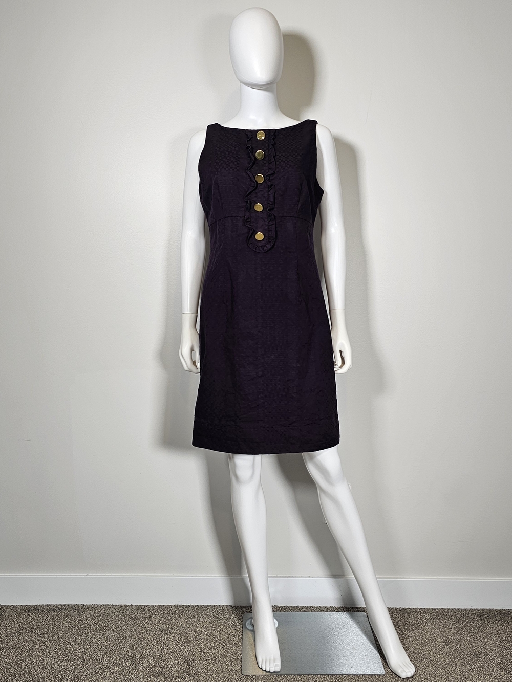 Taylor Sleeveless Deep Plum Shift Dress with Gold Buttons Sz 12